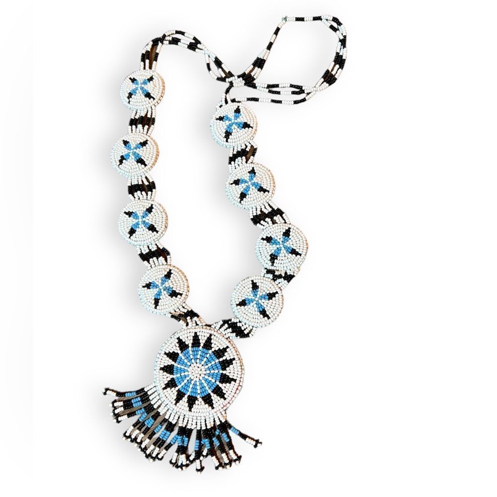 Cherokee Indian Hand Beaded Medallion Necklace with leather backing Beautiful!!